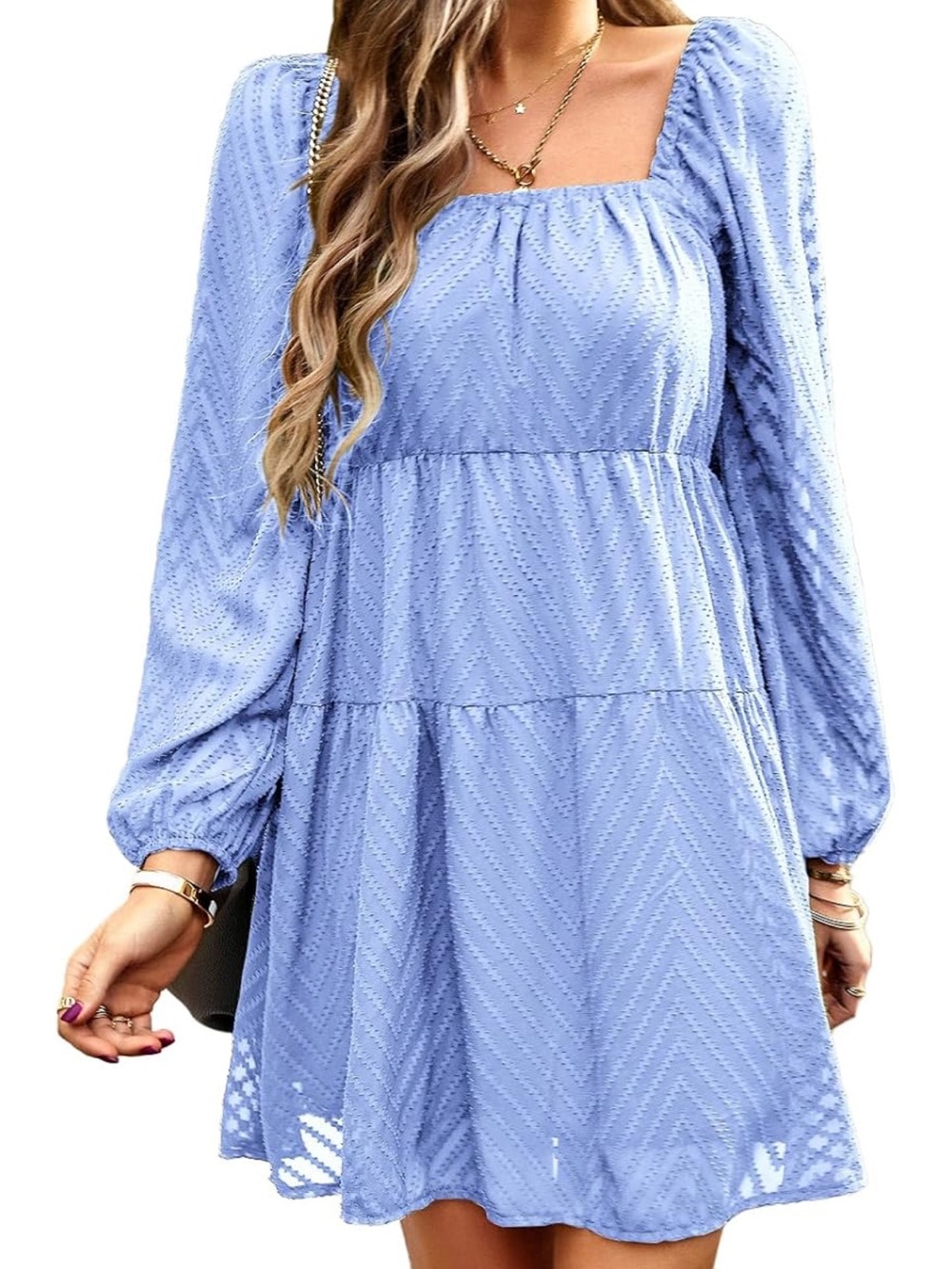 Women's Lightweight Long Sleeve Square Neck Ruffle Tiered Textured Flowy Dress